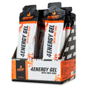 4Energy 4Energy Gel Box - 18 x 66g arancia, scatola aperta di bustine di gel energetico arancioni e nere con motivo a raggi di sole e foglie.