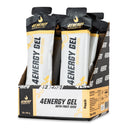 4Energy 4Energy Gel Box - 18 x 66 g pesca, scatola aperta di bustine di gel energetico nere e gialle con illustrazione di pesca.