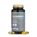 4Endurance Pro TG Omega 3 - 60 softgel, bottiglia con tappo dorato e etichetta grigia che elenca i benefici per la salute su sfondo bianco.