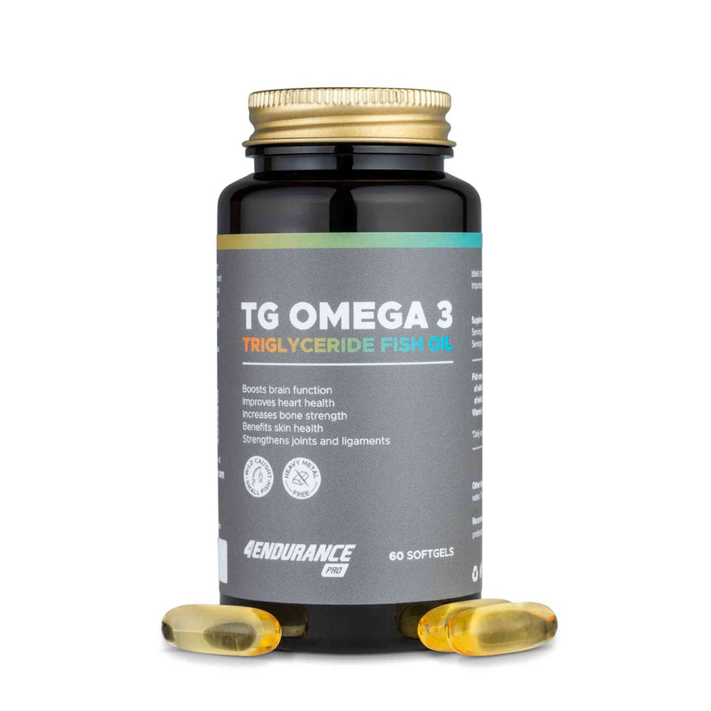 4Endurance Pro TG Omega 3 - 60 softgel, bottiglia con tappo dorato e etichetta grigia che elenca i benefici per la salute su sfondo bianco.