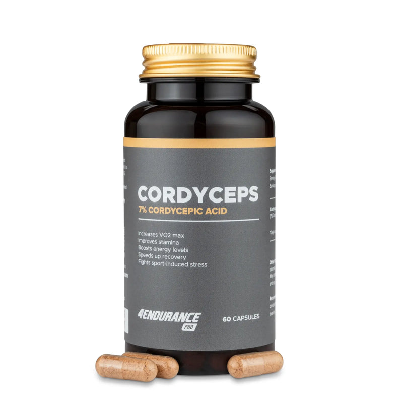 4Endurance Pro Cordyceps - 60 capsule, flacone nero con tappo dorato ed etichetta con vantaggi per resistenza ed energia.