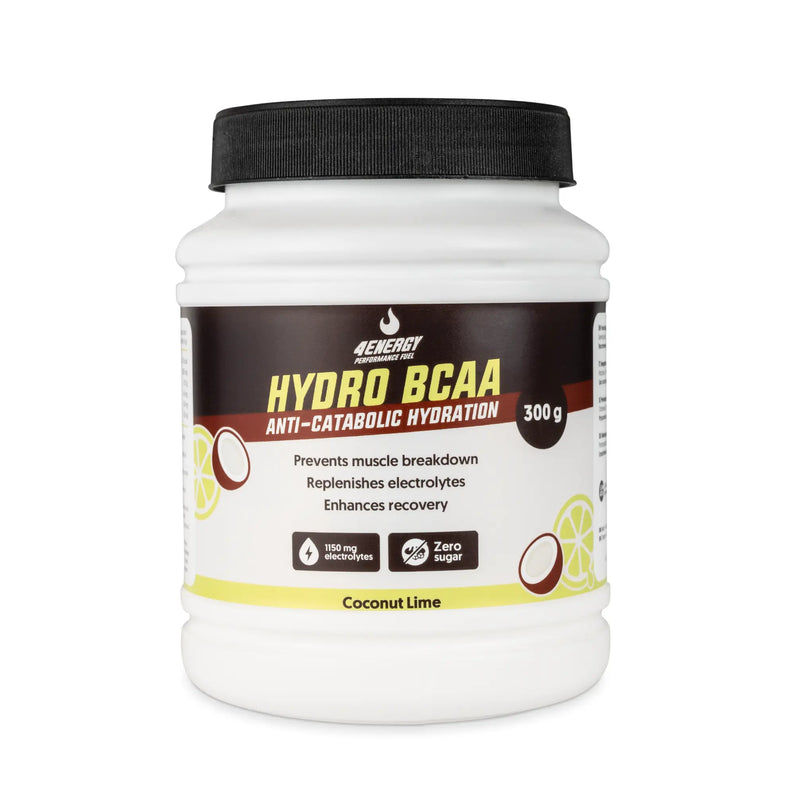 4Energy Hydro BCAA - 300 g gusto lime, contenitore bianco con coperchio nero, etichetta con limone e cocco, benefici di idratazione agrumata.
