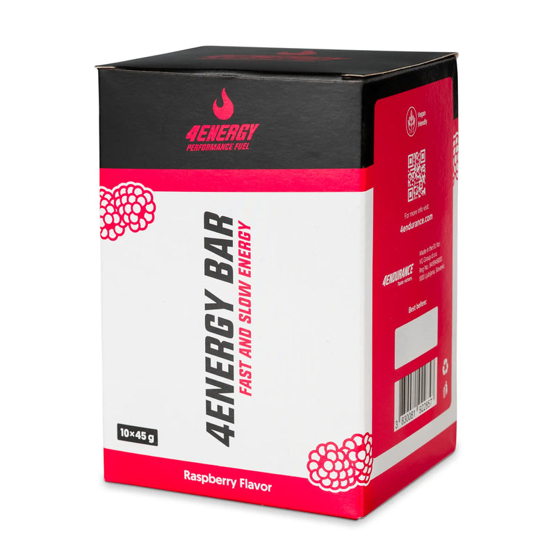 4Energy 4Energy Bar Box - 10 x 45 g mirtillo rosso, confezione rossa e nera con illustrazioni di mirtillo rosso, codice a barre e codice QR.