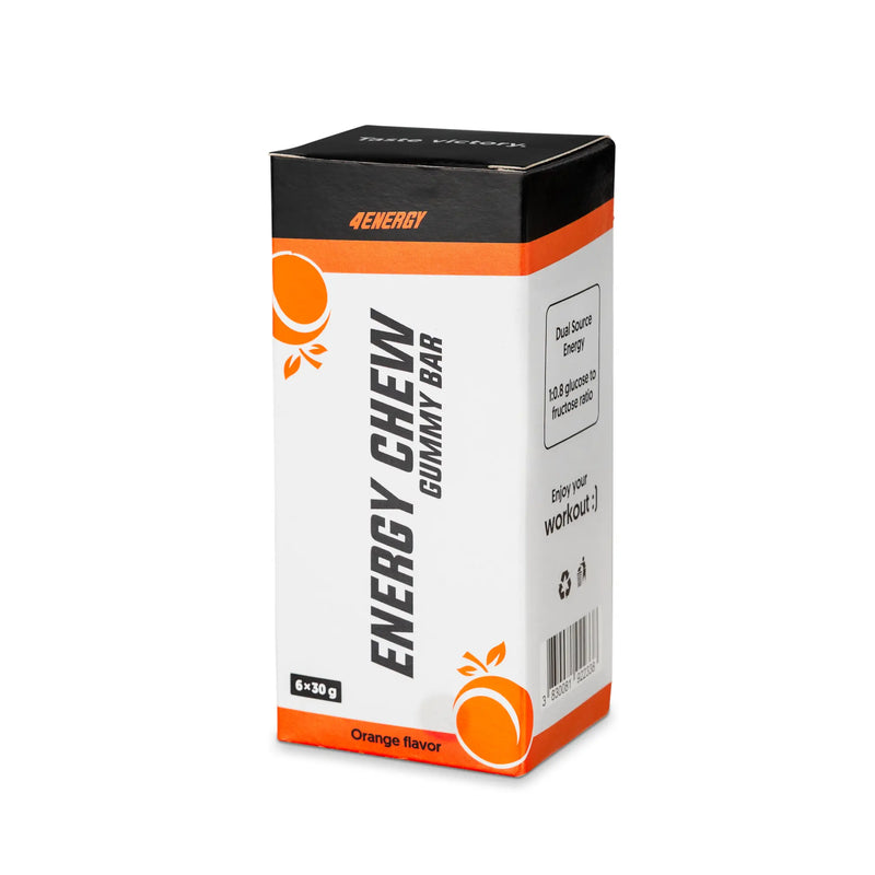 4Energy Energy Chew Box - 6 x 30 g arancia, confezione arancione con due barrette gommose e spicchio d’arancia su sfondo bianco.