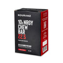 Nduranz Nrgy Chew Bar 22.5 Box - 10 x 30 g cola, scatola nera e verde inclinata su sfondo bianco che mostra fronte e lato.