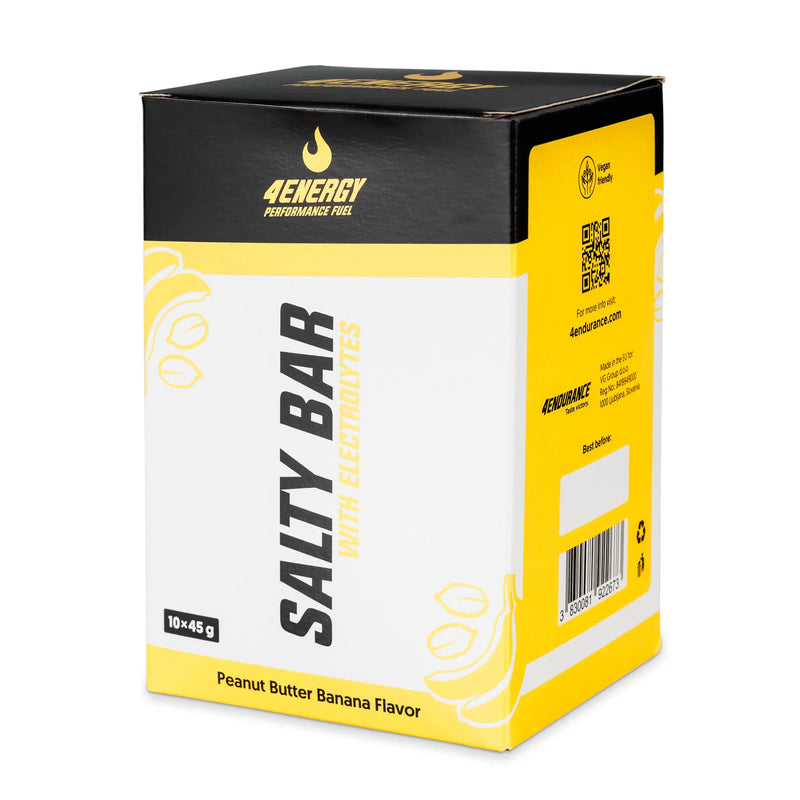 4Energy Salty Bar Box - 10 x 45g burro di arachidi e banana, confezione nera e gialla con illustrazione di banana e codice QR.