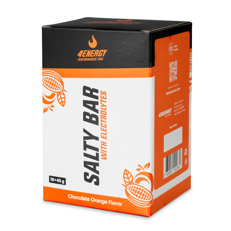 4Energy Salty Bar Box - 10 x 45g cioccolato e lampone, confezione viola e nera con branding elettrolitico su sfondo bianco.