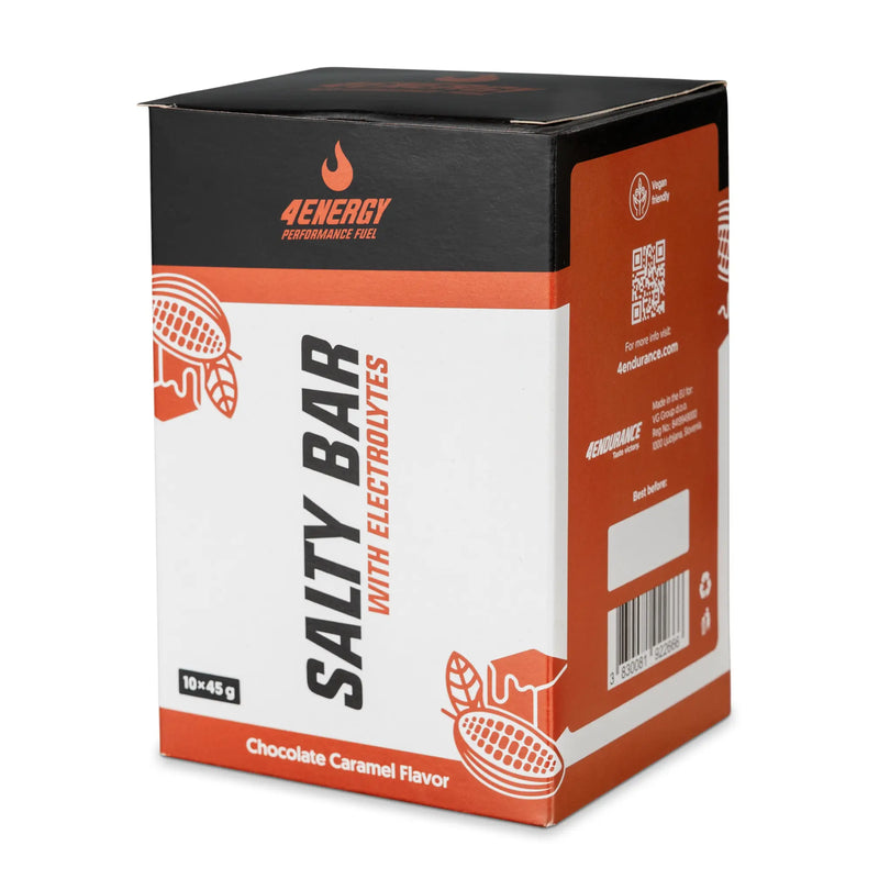 4Energy Salty Bar Box - 10 x 45 g cioccolato e caramello, confezione nera, bianca e arancione con illustrazione di cabossa di cacao e codice QR.