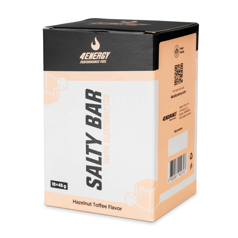 4Energy Salty Bar Box - 10 x 45 g nocciola e toffee, confezione nera e beige con logo del marchio, codice QR e illustrazioni della barretta.