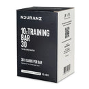 Nduranz Training Bar 30 Box - 10 x 45g cioccolato bianco e cannella, scatola nera e bianca con codice QR e icone sportive.