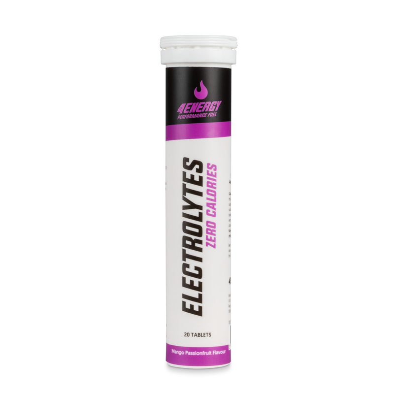 4Energy Electrolytes - 20 compresse effervescenti gusto frutto della passione, tubo con branding viola e nero su sfondo bianco.