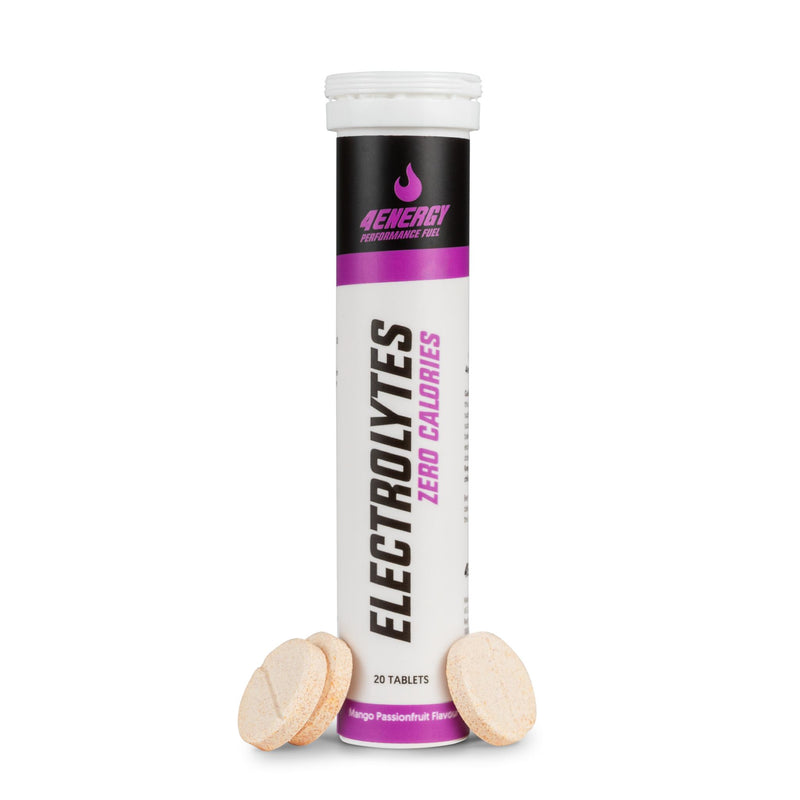 4Energy Electrolytes - 20 compresse effervescenti gusto frutto della passione, tubo con branding viola e nero su sfondo bianco.