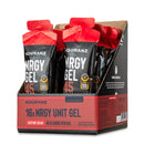 Nduranz Nrgy Gel 45 with Caffeine Box - 16 x 75g ciliegia, scatola espositore aperta con bustine con tappo rosso e design nero e rosso.