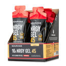 Nduranz Nrgy Gel 45 with Caffeine Box - 16 x 75 g ciliegia, bustine rosse e nere con informazioni nutrizionali su sfondo bianco.