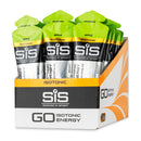 SIS GO Isotonic Energy Gel Box - 30 x 60ml mela, scatola con motivo arancione e bustine con tappo verde su sfondo bianco.