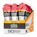 SIS Science in Sport GO Isotonic Energy Gel Box - 30 x 60ml pompelmo rosa, scatola e bustine in rosso, argento e giallo su sfondo bianco.