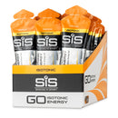 SIS Science in Sport GO Isotonic Energy Gel Box - 30 x 60ml tropicale, bustine con tappo arancione con branding su sfondo bianco.
