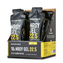 Nduranz Nrgy Gel 22.5 Box - 18 x 66 g limone, scatola aperta dall’alto con bustine nere con testo giallo e bianco su sfondo bianco.