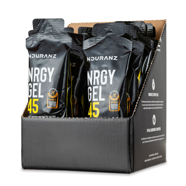 Nduranz Nrgy Gel 45 Box - 16 x 75 g limone, confezioni nere e arancioni in scatola espositore di cartone su sfondo bianco.