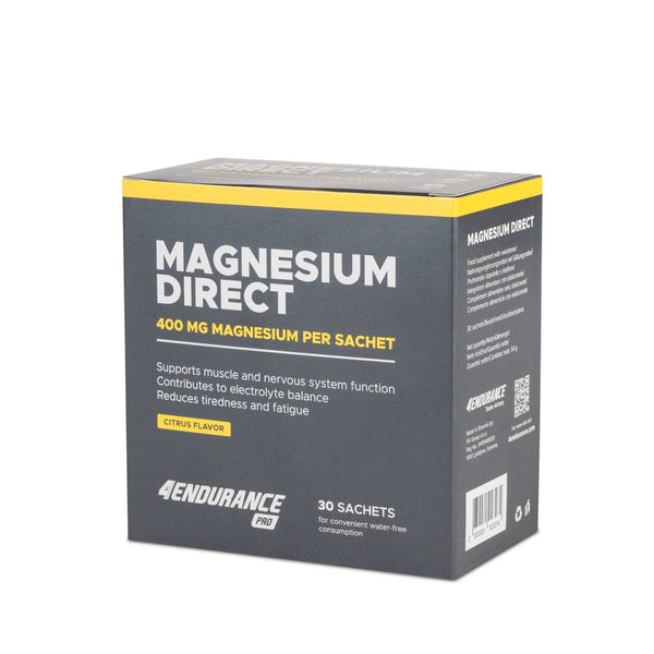 4Endurance Pro Magnesio Direct - 30 x 400 mg gusto agrumi, confezione nera con benefici scritti e fascia gialla superiore.