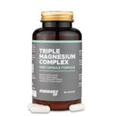 4Endurance Pro Triple Magnesium Complex - 60 capsule, flacone marrone con tappo dorato, etichetta grigia, capsule rosse visibili.