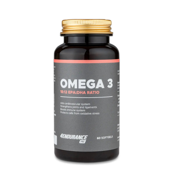 4Endurance Pro Omega‑3 - 60 capsule molli, flacone marrone scuro con tappo giallo ed etichetta arancione e bianca su sfondo bianco.