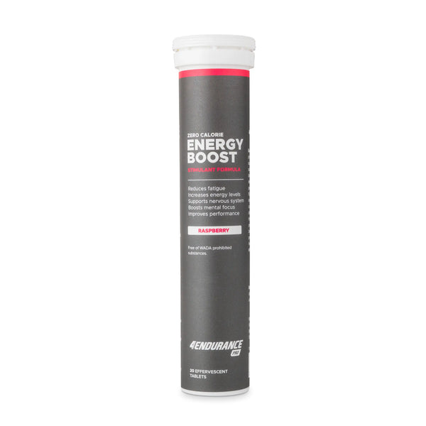 4Endurance Pro Energy Boost - 20 compresse effervescenti gusto lampone, tubo nero con testo bianco e rosso su sfondo bianco.