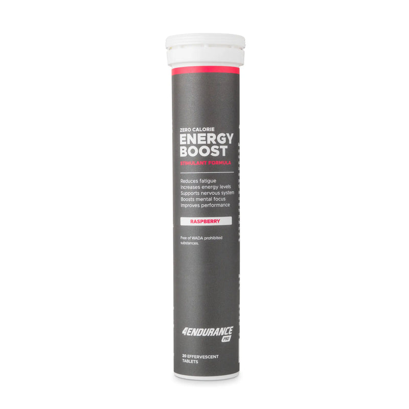 4Endurance Pro Energy Boost - 20 compresse effervescenti gusto lampone, tubo nero con testo bianco e rosso su sfondo bianco.