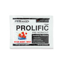 PES Prolific monodose - 7 g gusto melone e frutti di bosco, bustina di pre-workout su sfondo bianco con illustrazione di frutta.