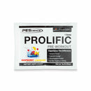 PES Prolific monodose - 7 g gusto limonata al lampone, bustina con illustrazioni di lampone e limone su sfondo bianco.