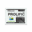PES Prolific monodose - 7 g gusto mela verde, bustina con splash di mela verde, logo PEScience e descrizione benefici su sfondo bianco.