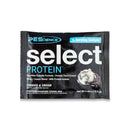 Select monodose - 16 g gusto biscotto alla crema, bustina nera con immagine di biscotti, grande logo Select Protein e testo dei benefici.