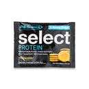 Select monodose - 16 g gusto snickerdoodle, bustina nera con immagine del biscotto, grande logo Select Protein e testo dei benefici.