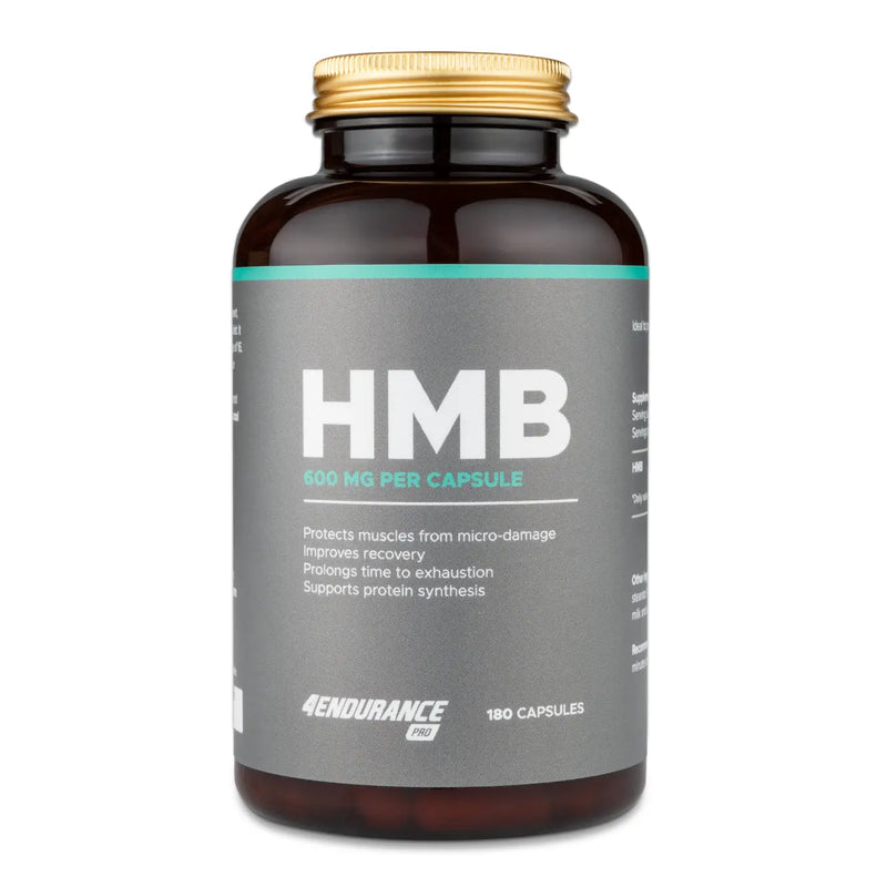 4Endurance Pro HMB - 180 capsule, flacone marrone scuro con tappo metallico dorato ed etichetta bianca e turchese in grassetto su sfondo bianco.