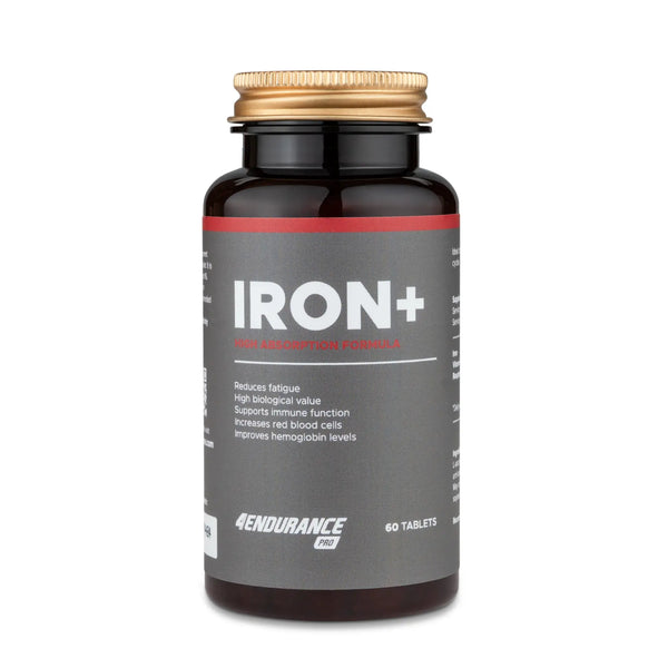 4Endurance Pro Iron+ - 60 capsule, flacone nero con tappo dorato e fascia etichetta rossa, supporta la funzione immunitaria e riduce l’affaticamento.