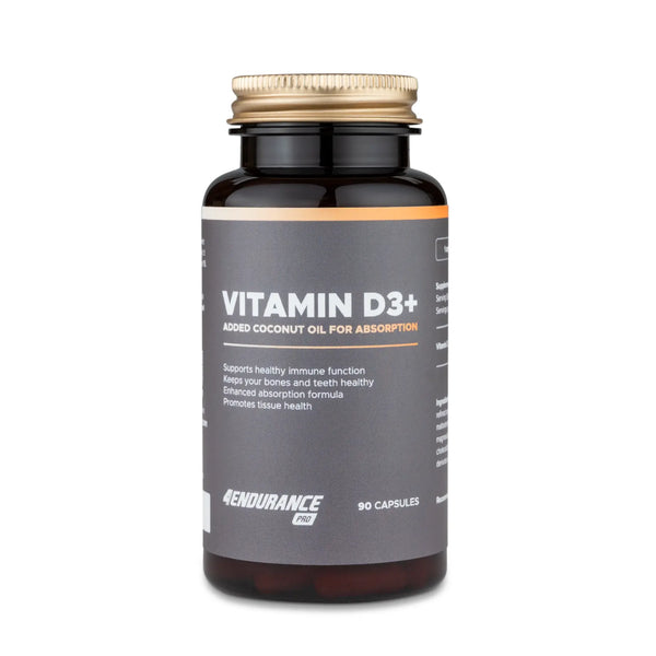 4Endurance Pro Vitamin D3+ - 90 capsule, flacone in plastica ambra scuro con tappo dorato ed etichetta grigia con vantaggi del supplemento.